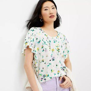 New LOFT Floral Linen Flutter Wedge Tee Top Size XL